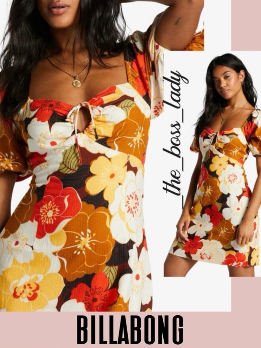 Billabong mini dress floral cotton puff sleeves